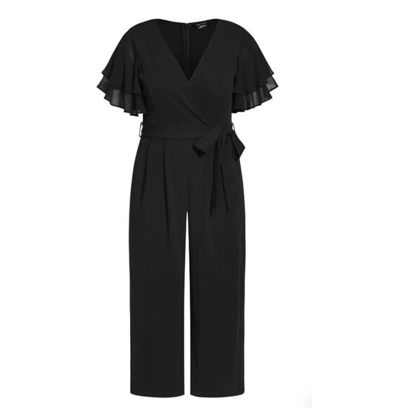 City Chic Plus Size Flutter Sleeve Wide Leg Jumpsuit Black Size Large 20 - Picture 3 of 11